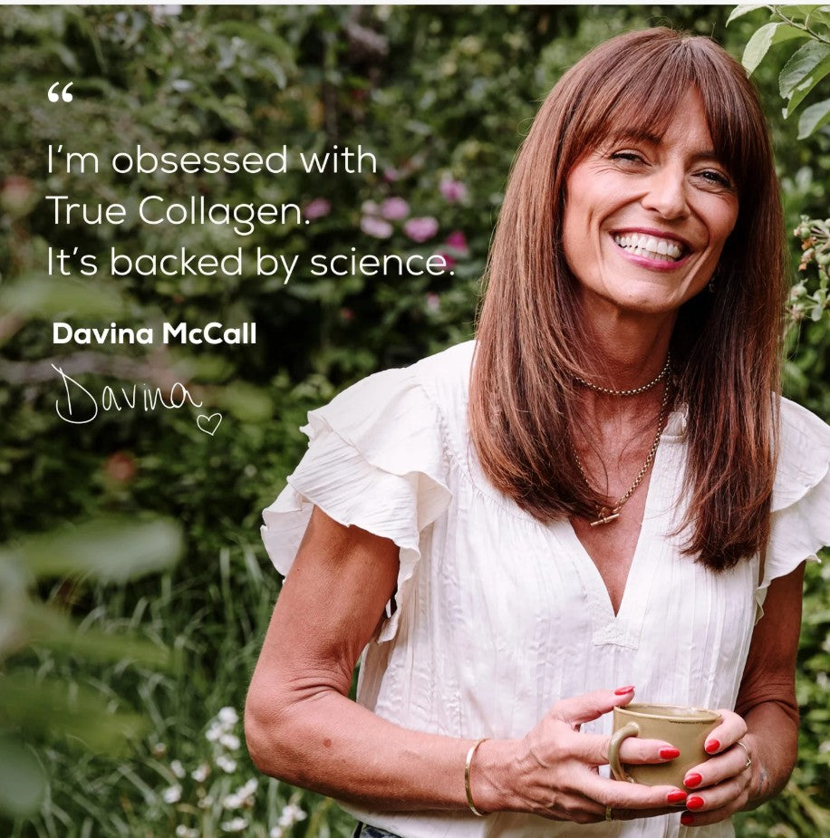 Woman holding a mug with text about True Collagen and Davina McCall's endorsement.