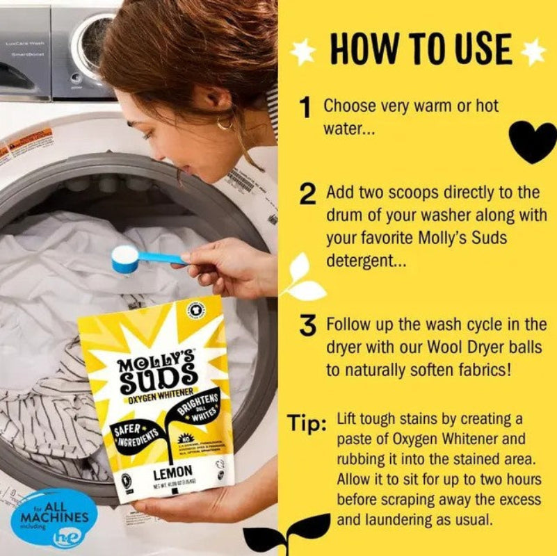 Person using Molly's Suds detergent with washing machine and text on how to use it.