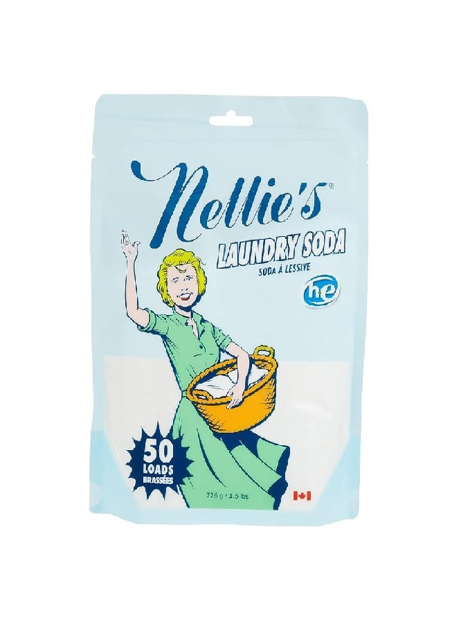 Package of Nellie's Laundry Soda with a vintage-style illustration on a light blue background