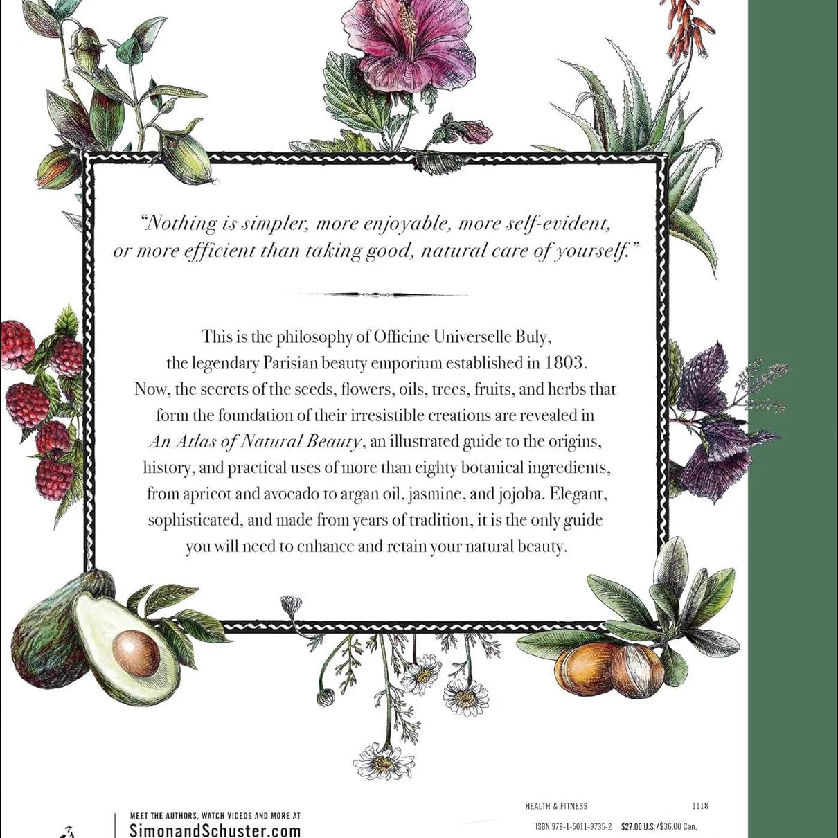 An illustrated wellness poster featuring botanical illustrations of lavender, roses, berries, and an avocado with text about natural beauty and wellness. The design has a white central text box bordered in black, set against a background split vertically into green and white, with a green vertical stripe on the right.