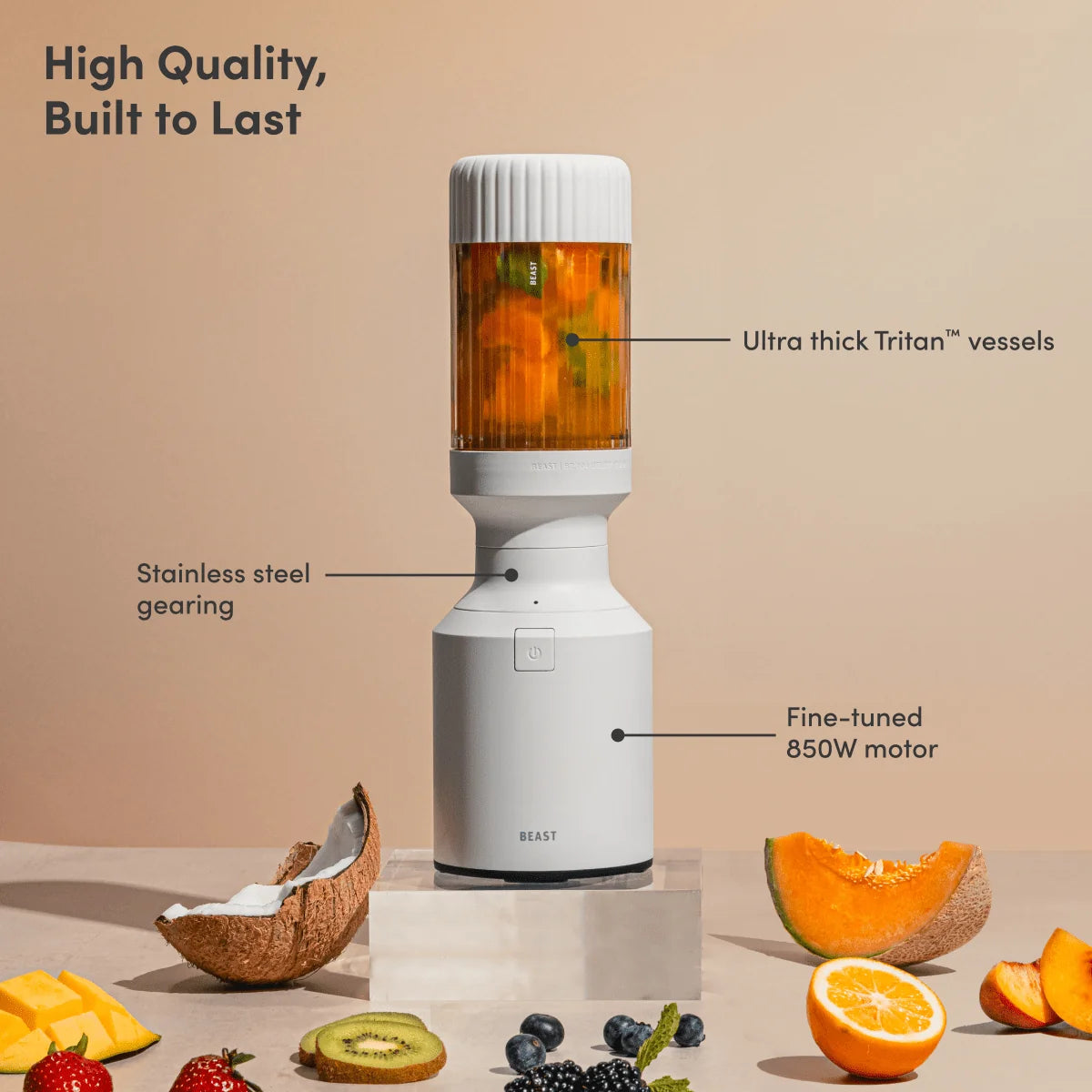 Blender with labeled features on a beige background