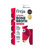 A 500ml carton of Freja Sipping Bone Broth Classic Beef, featuring a white and dark red design with a stylized horse head illustration and nutritional facts printed on the front.