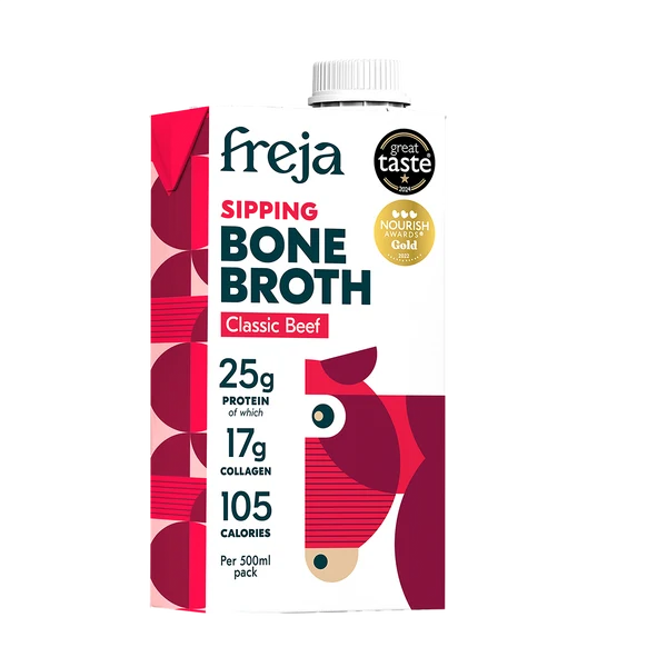 A 500ml carton of Freja Sipping Bone Broth Classic Beef, featuring a white and dark red design with a stylized horse head illustration and nutritional facts printed on the front.