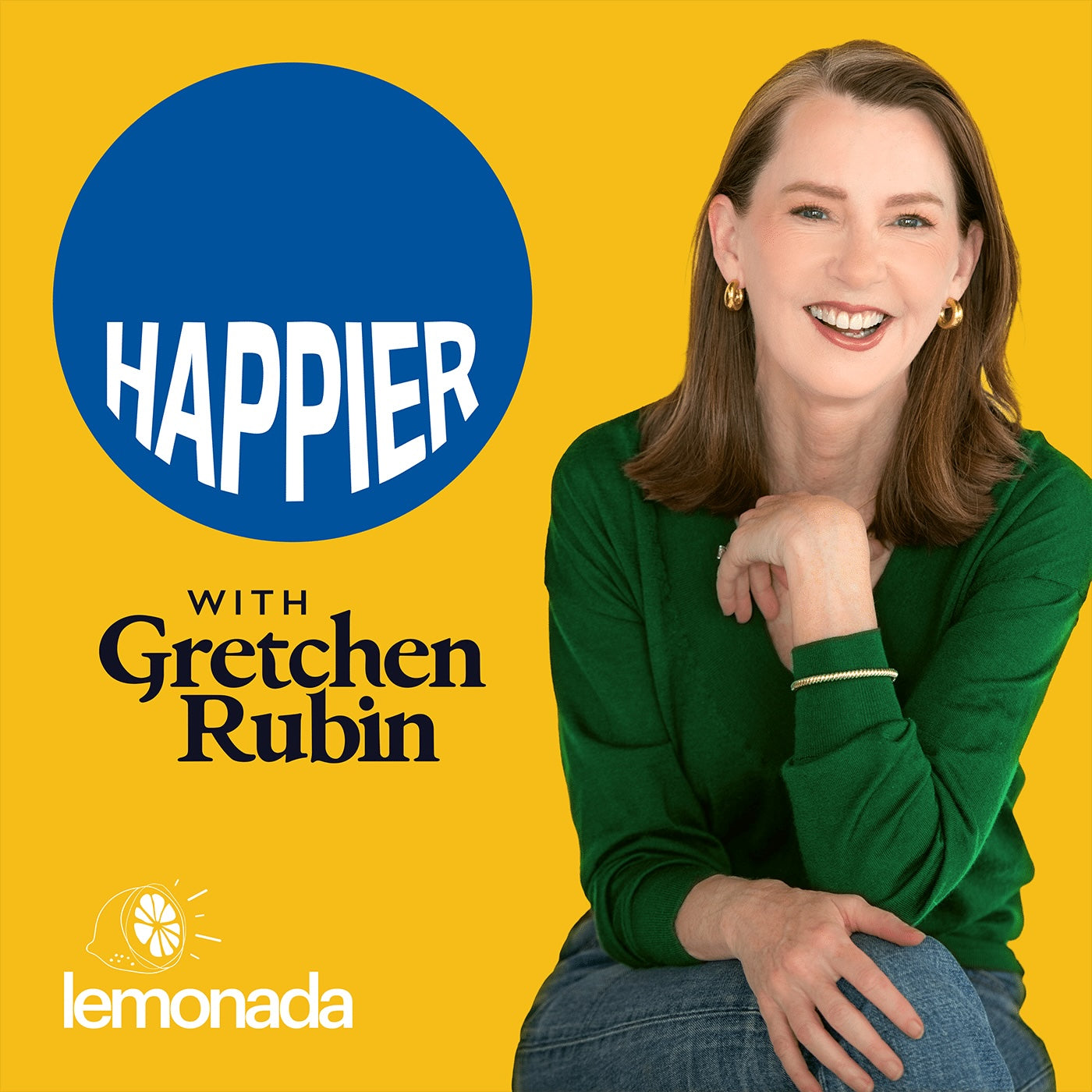 Promotional graphic for 'Happier with Gretchen Rubin' featuring a smiling woman in a green sweater on a bright yellow background, alongside the lemonada brand logo.