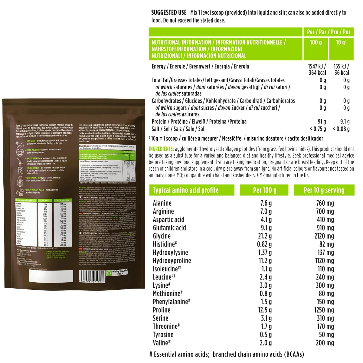 Nutritional label and package of a protein supplement on a white background