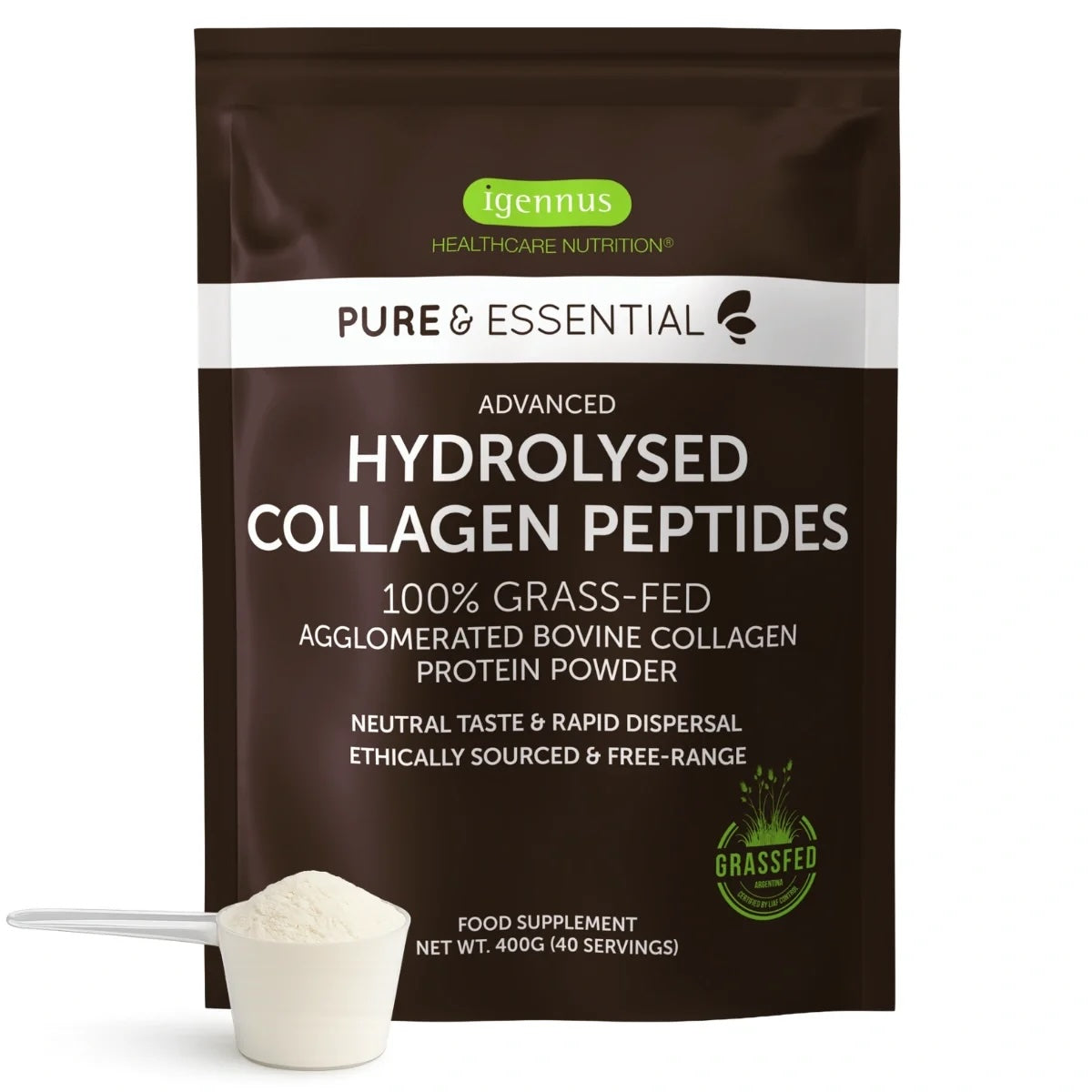 Package of igennus Healthcare Nutrition Hydrolysed Collagen Peptides with a scoop of powder.