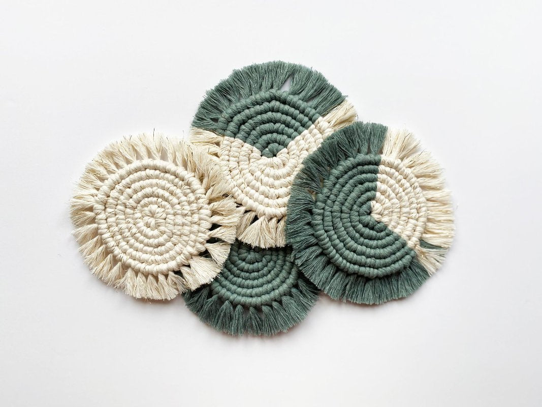 Kalicrame Macrame Coasters Eucalyptus and Cream Plain and Mix