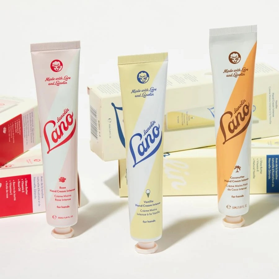 Three Lano hand cream tubes in different colors on a white background
