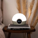 A glowing oval digital alarm clock with a dark face sits on stacked books on a wooden bedside table, with dried pampas grass and a bed in the background.