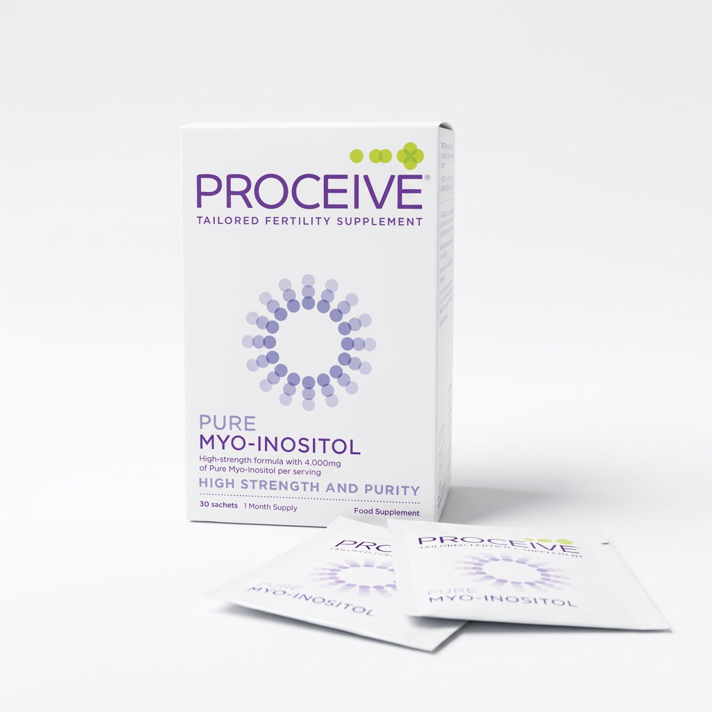 Proceive Pure Myo-Inositol tailored fertility supplement box with two sachets placed in front on a clean white background.