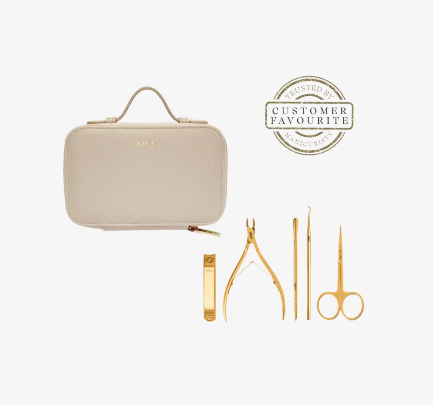 A beige faux-leather manicure kit case with a top handle, shown alongside five gold-colored nail tools (clippers, cuticle press, nail files, scissors, and a spatula) on a white background, with a 'Customer Favourite' badge in the top right.