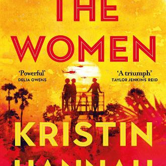 Book cover for 'The Women' by Kristin Hannah, featuring a dramatic yellow-to-red sunset background with silhouetted figures on a platform and bold red and yellow title text.