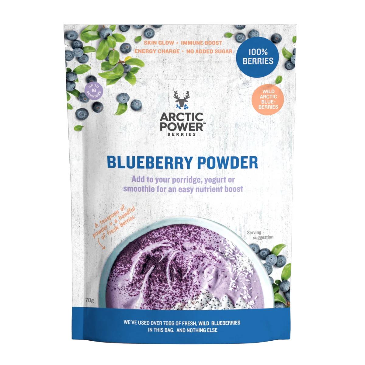 A 700g stand-up pouch of Arctic Power Berries Blueberry Powder, featuring a white textured background with blueberry illustrations, a bowl of purple-blueberry smoothie, and blueberry graphics.