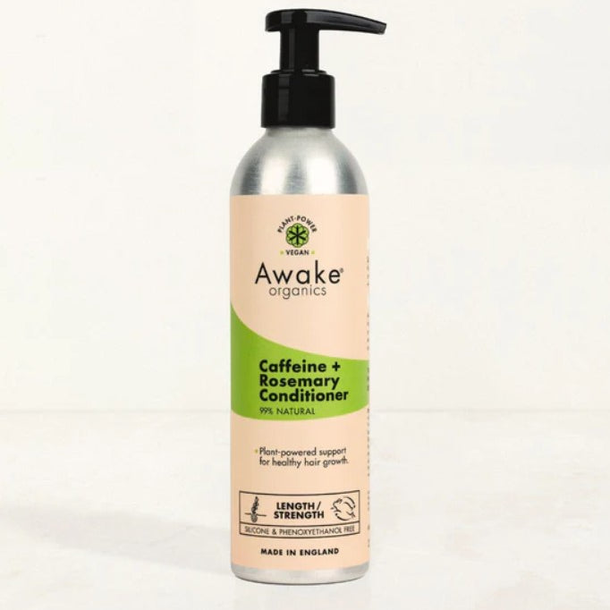 Awake Organics caffeine + rosemary conditioner bottle on a white background