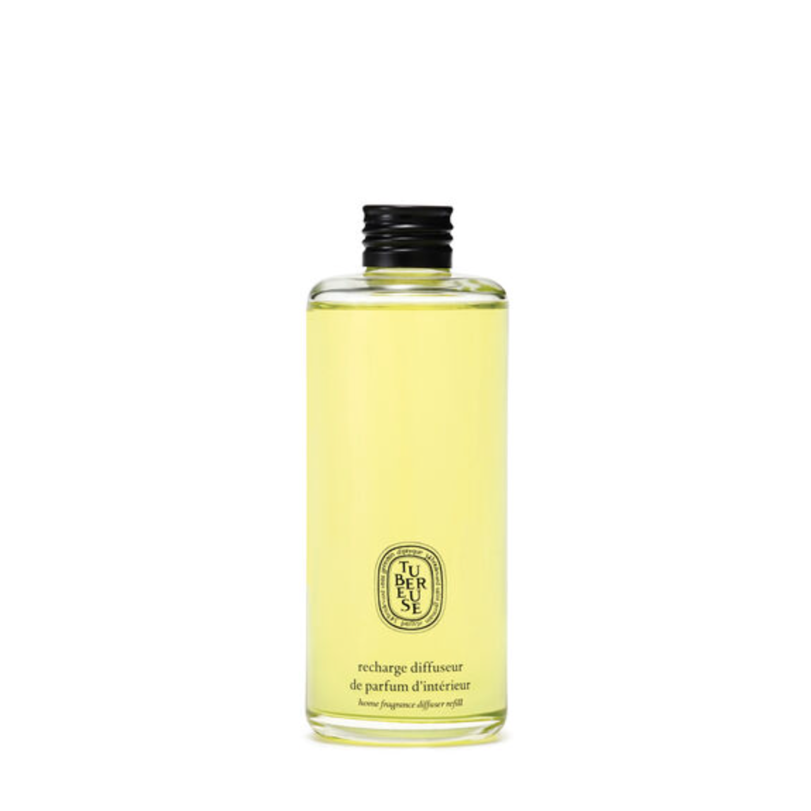 A clear glass bottle of Diptyque Parfum d'Intérés recharge diffusant filled with pale yellow liquid, featuring a black ribbed cap and a gold brand logo on the front, set against a plain white background.