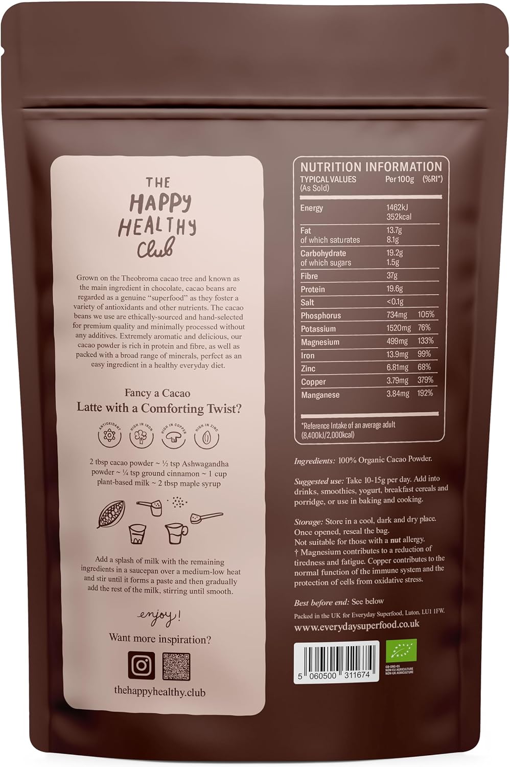 Back of a brown stand-up pouch package for The Happy Healthy Club, showing a large beige label with product description and a nutrition information panel on the right.