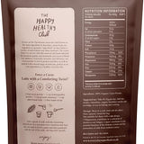 Back of a brown stand-up pouch package for The Happy Healthy Club, showing a large beige label with product description and a nutrition information panel on the right.