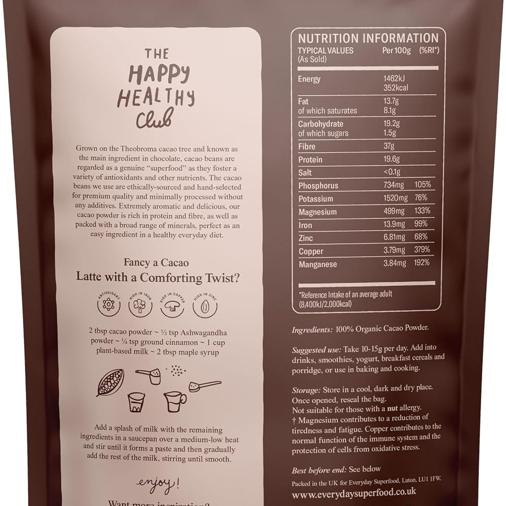 Back of a brown stand-up pouch package for The Happy Healthy Club, showing a large beige label with product description and a nutrition information panel on the right.