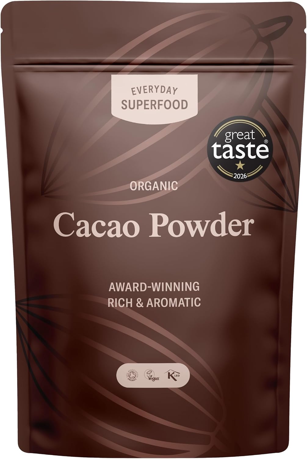 A stand-up pouch of Everyday Superfood Organic Cacao Powder, featuring a dark brown design with light brown leaf patterns and white text, including a 'great taste 2025' award badge.