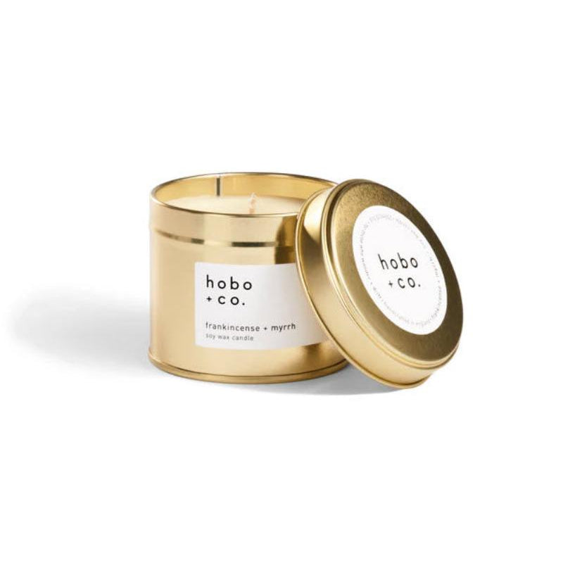 Hobo + Co Frankincense & Myrrh Large Gold Tin Candle Open