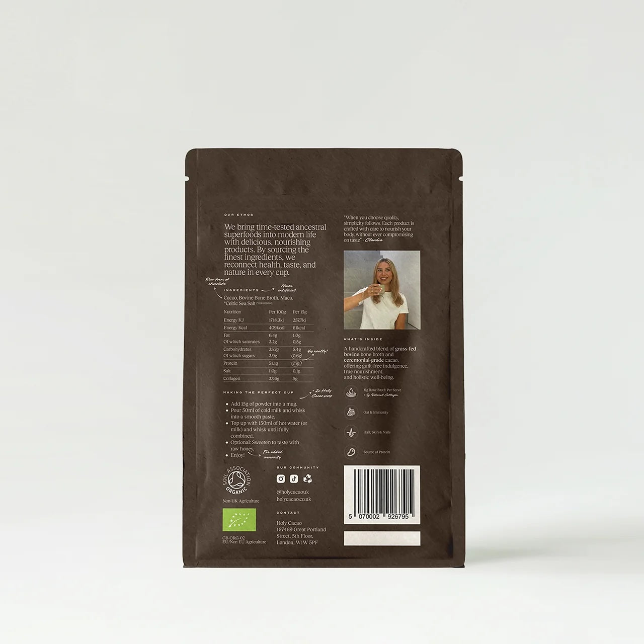 Brown package of Holy Cacao with white text on a light gray background