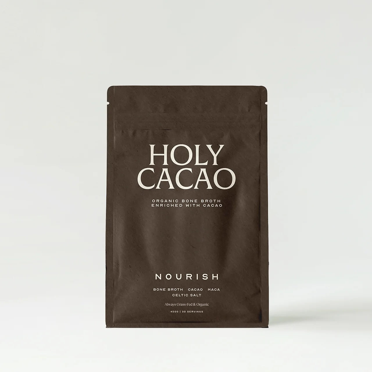 Brown package of Holy Cacao with white text on a light gray background