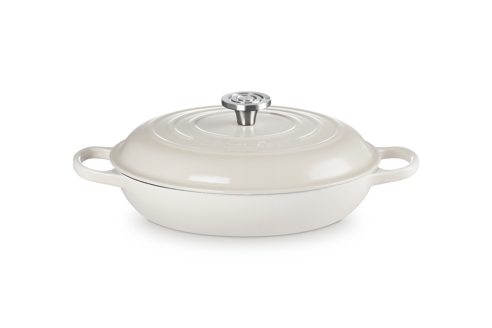 A cream-colored enameled cast iron casserole dish with a matching lid and side handles, featuring a silver metal knob on a clean white background.
