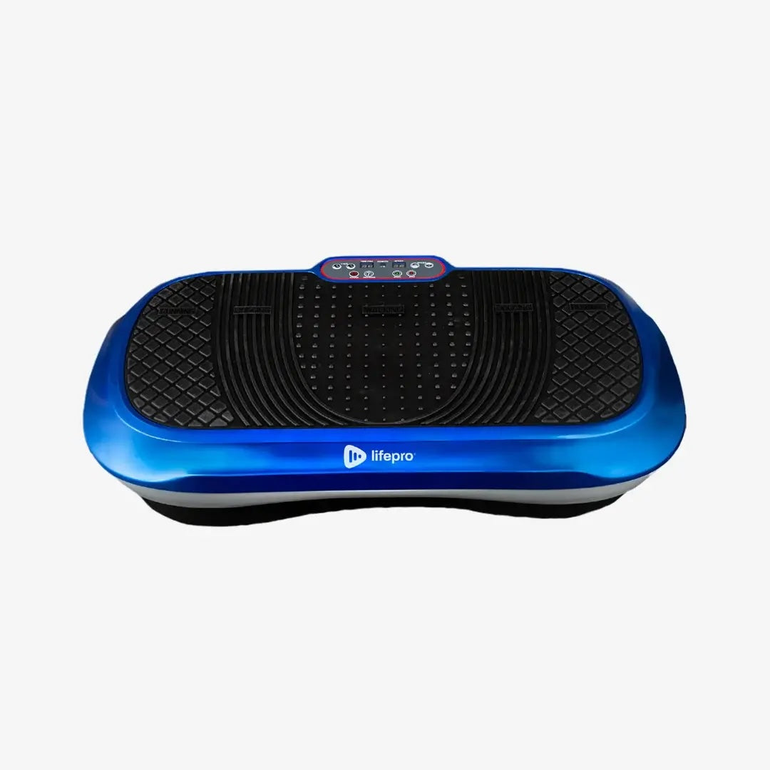 A blue and black Lifepro vibration plate exercise machine, shown from a front-facing perspective against a plain white background.