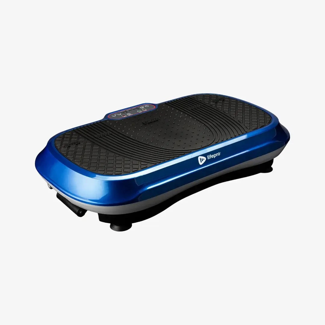 Blue and black vibration plate on a white background