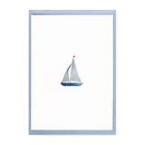 A framed minimalist art print featuring a small watercolor sailboat centered on a white background, enclosed in a light blue frame.