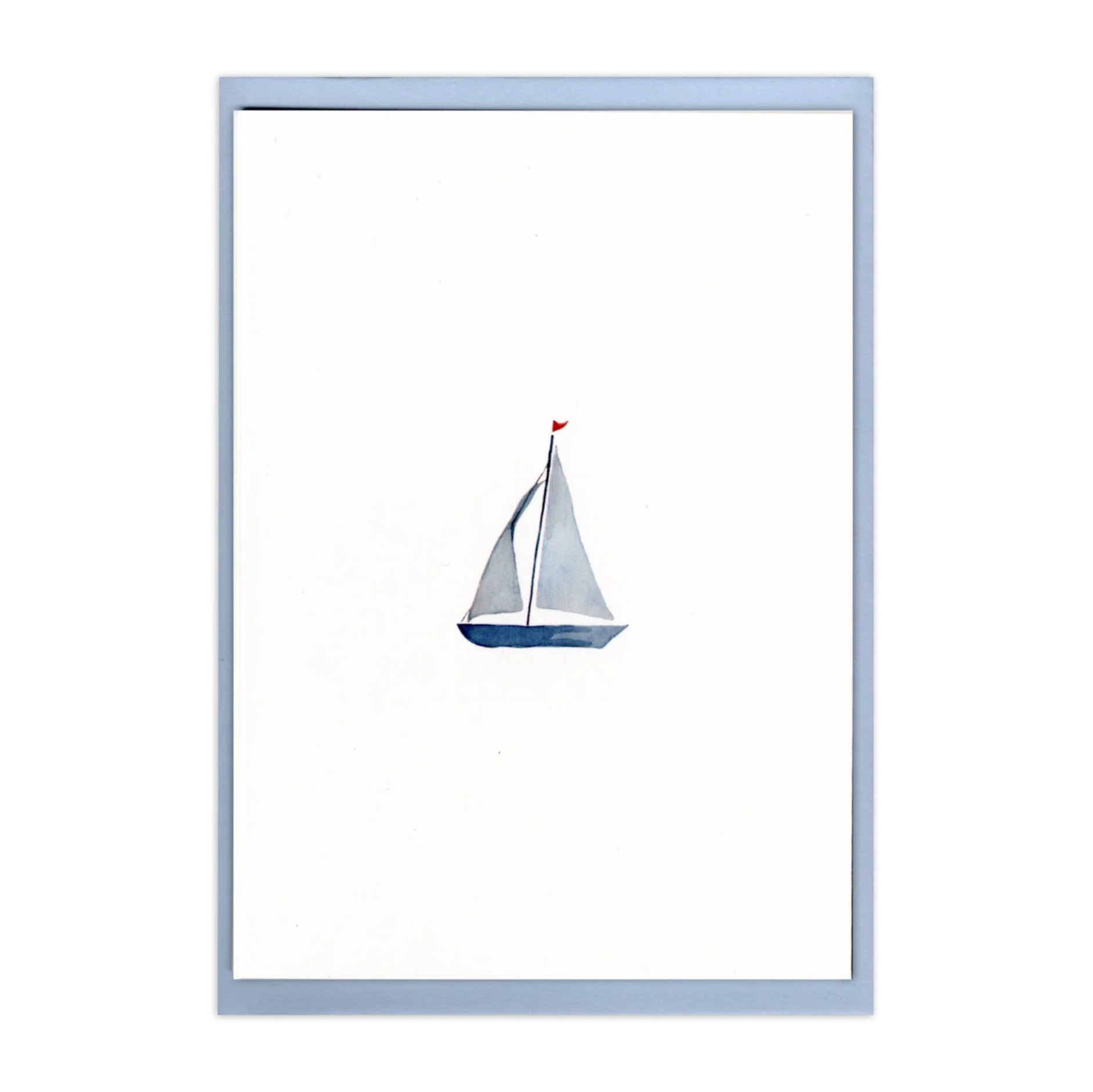 A framed minimalist art print featuring a small watercolor sailboat centered on a white background, enclosed in a light blue frame.
