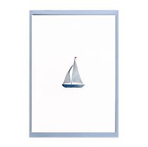 A framed minimalist art print featuring a small watercolor sailboat centered on a white background, enclosed in a light blue frame.