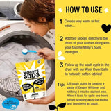 Person using Molly's Suds detergent with washing machine and text on how to use it.