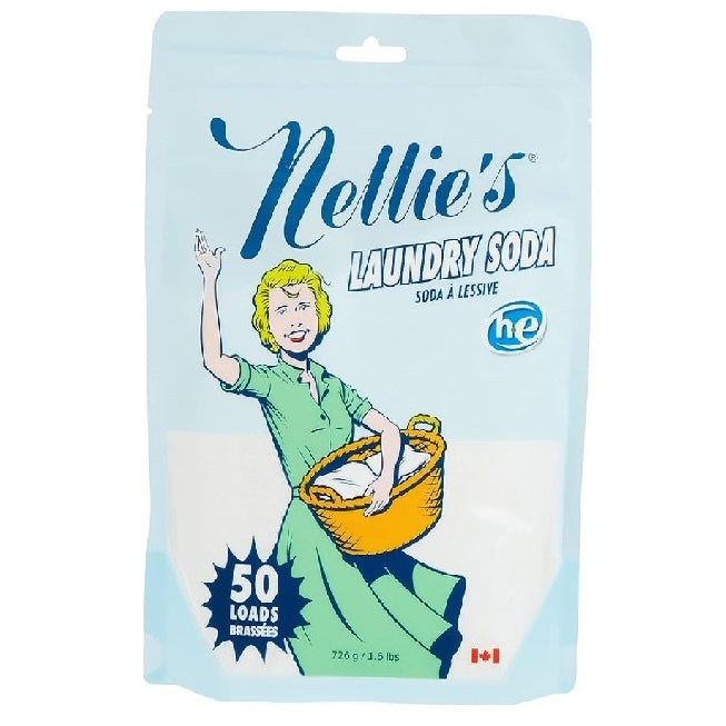 Package of Nellie's Laundry Soda with a vintage-style illustration on a light blue background