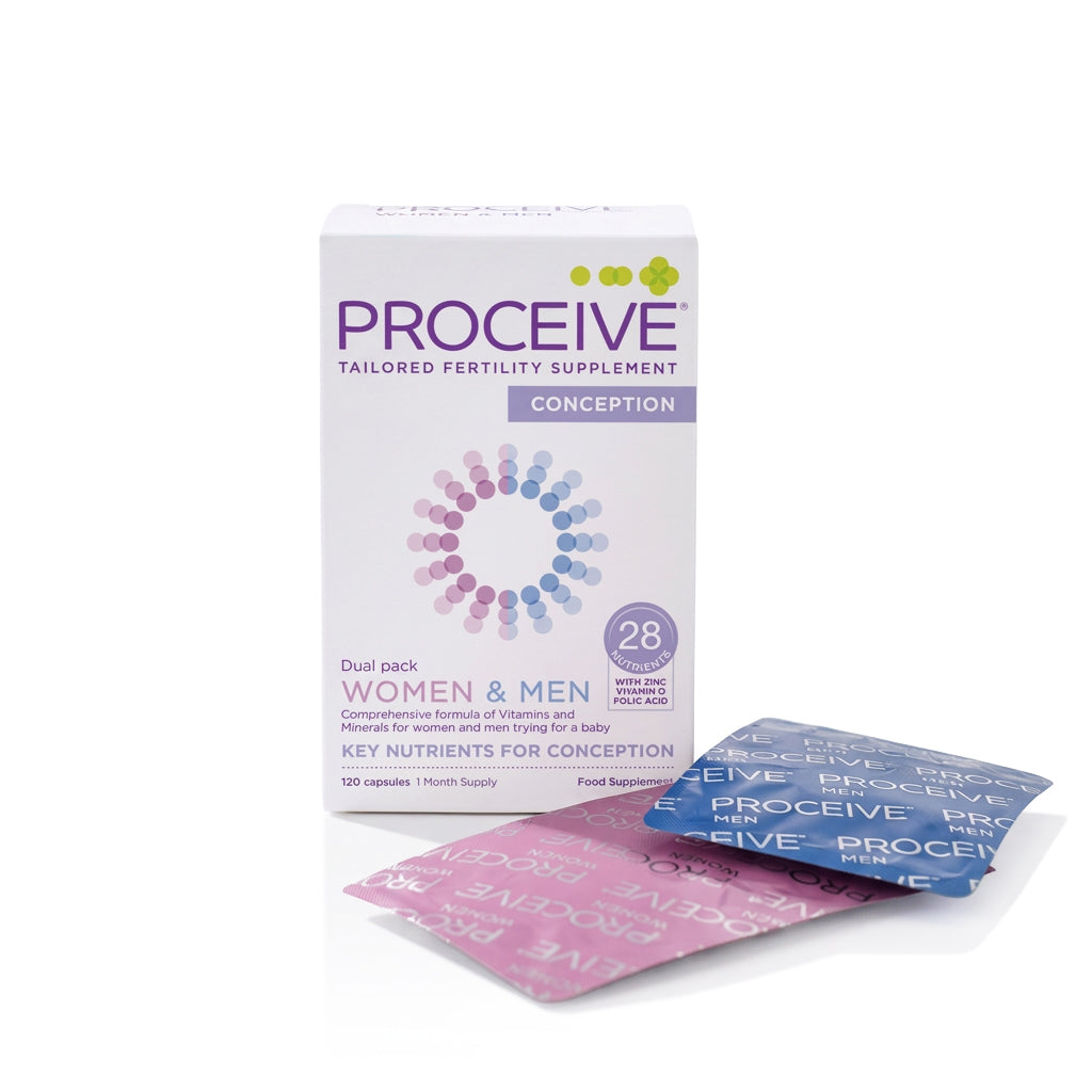 Proceive Conception tailored fertility supplement box shown with two blister packs, one pink and one blue, on a clean white background.