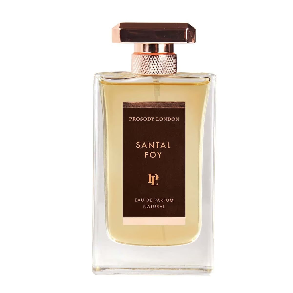 Prosody London Santal Foy Eau de Parfum in a clear rectangular glass bottle with a dark brown label and a rose gold cap, shown on a white background.