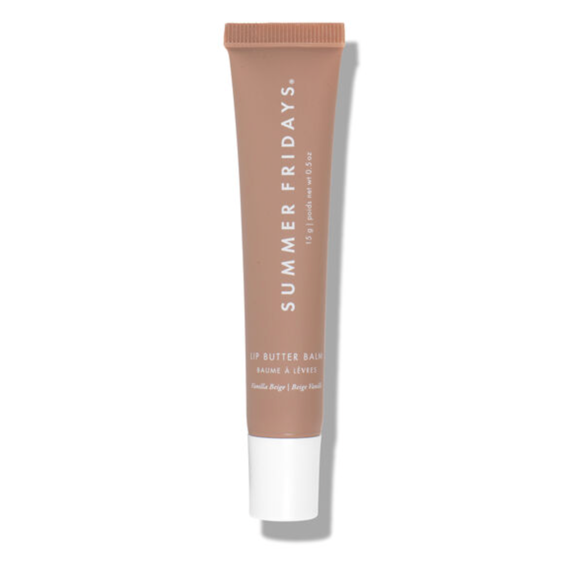 Summer Fridays lip butter balm in a warm beige-brown squeeze tube with a white cap, shown on a white background with a soft shadow.