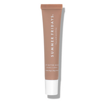 Summer Fridays lip butter balm in a warm beige-brown squeeze tube with a white cap, shown on a white background with a soft shadow.
