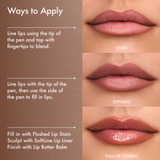 Instructional graphic showing three close-up lip application results on a model: a light pink 'LINED' look, a muted mauve-pink 'DEFINED' look, and a glossy warm nude 'FULL LIP COMBO' look, with text explaining how to apply lip liner and lip stain.