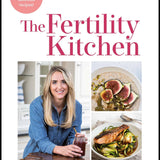 Book cover of 'The Fertility Kitchen' by Charlotte Grand, featuring a white background, pink title text, a pink circular badge, and three inset photos including a smiling woman and two prepared dishes.