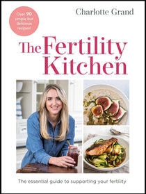 Book cover of 'The Fertility Kitchen' by Charlotte Grand, featuring a white background, pink title text, a pink circular badge, and three inset photos including a smiling woman and two prepared dishes.